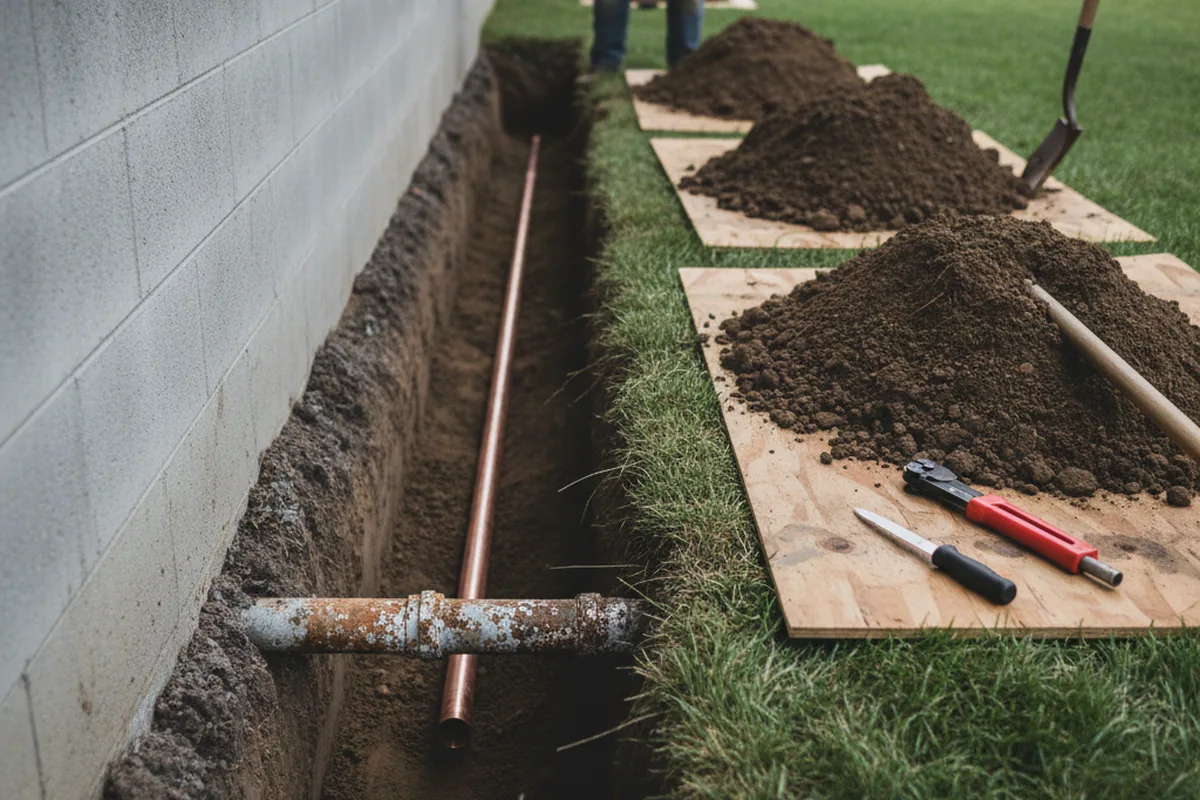 Excavated water line trench during Water Softener Installation in Maywood